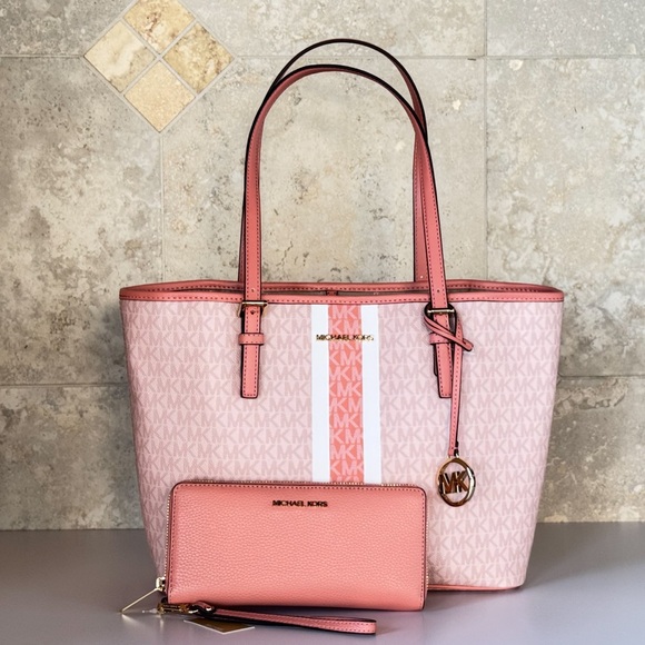 Michael Kors Jet Set Travel Medium Tote Shoulder Bag + Wallet MK Sherbert